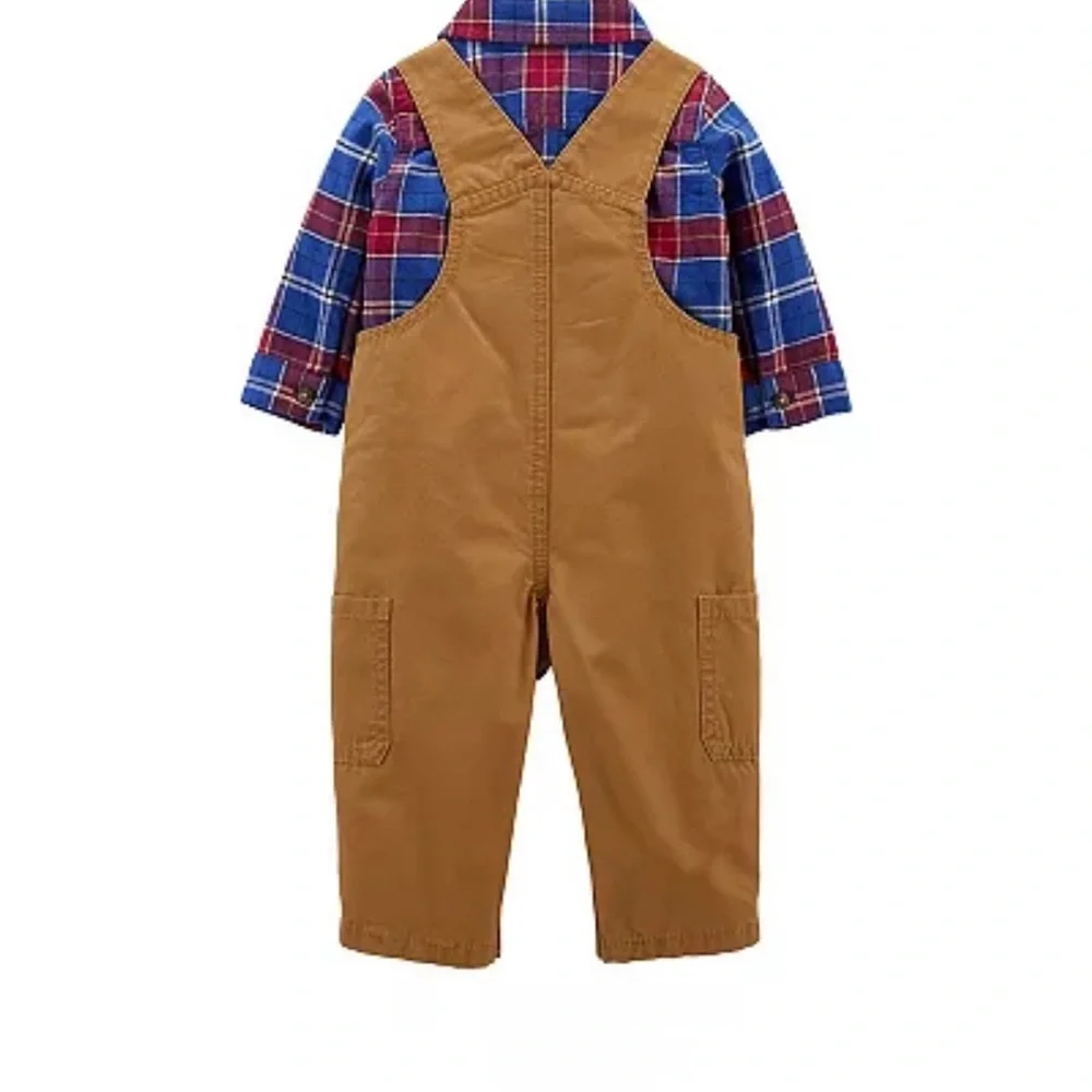 NWT Carter’s Baby Boy 2-Piece Plaid Shirt & Brown Overalls Set 6M